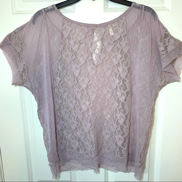 Frenchi Tops - Frenchi lavender sheer lace short sleeve rose pullover top L